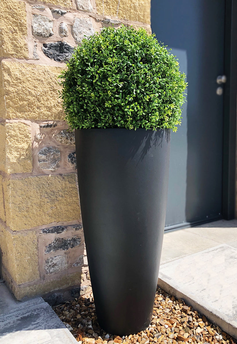 Deluxe Artificial Boxwood Topiary Ball In Tall Tapered Round Planter