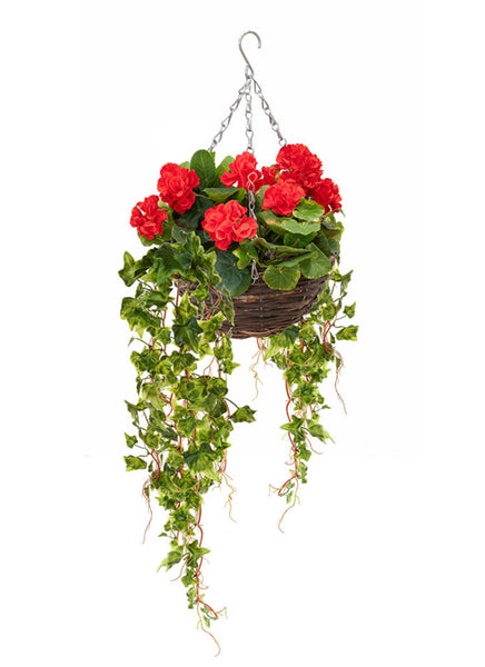 Artificial Hanging Basket with Red Geraniums 