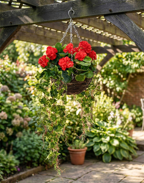 Artificial Hanging Basket with Red Geraniums