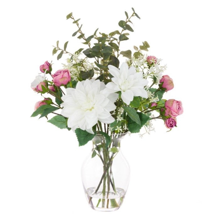 Faux pink rose, white dahlia and eucalyptus flower arrangement in vase