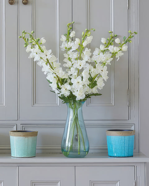 Artificial white Delphinium flowers wholesale. Country cottage style white faux flowers