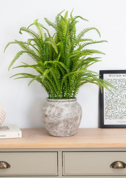 Realistic boston fern artificial plant in rustic distressed  pot