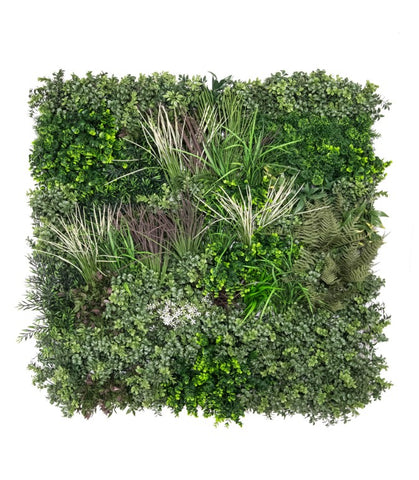 Artificial green wall panel with grasses and small white flowers Fire rated and UV outdoor safe
