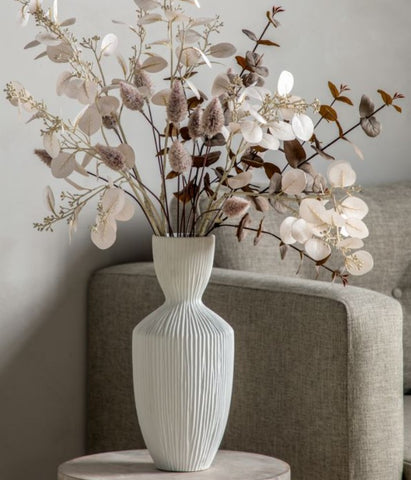 Autumn artificial dried look flower arrangement cream and brown colours with eucalyptus