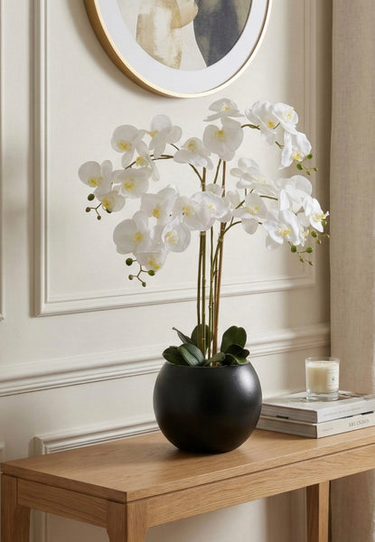 Large Artificial Orchid in Round Black Pot