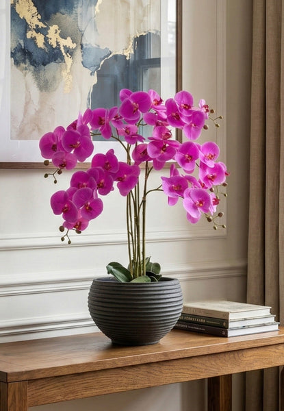 Large Pink artificial orchid in Ribbed Pot