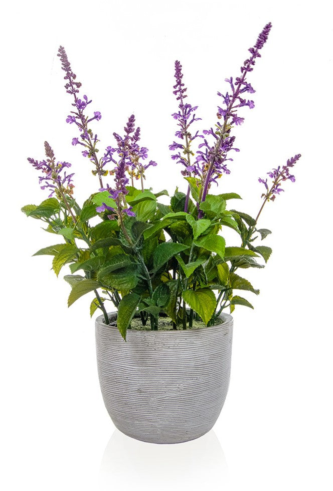 Faux potted lavender plant is grey pot