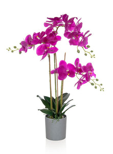 Artificial Magenta Bright Pink Faux Orchid in Grey Pot