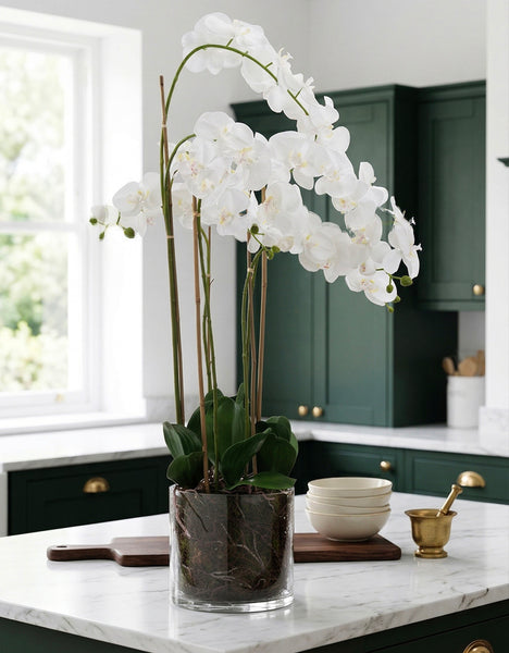 White Artificial Orchid in glass pot
