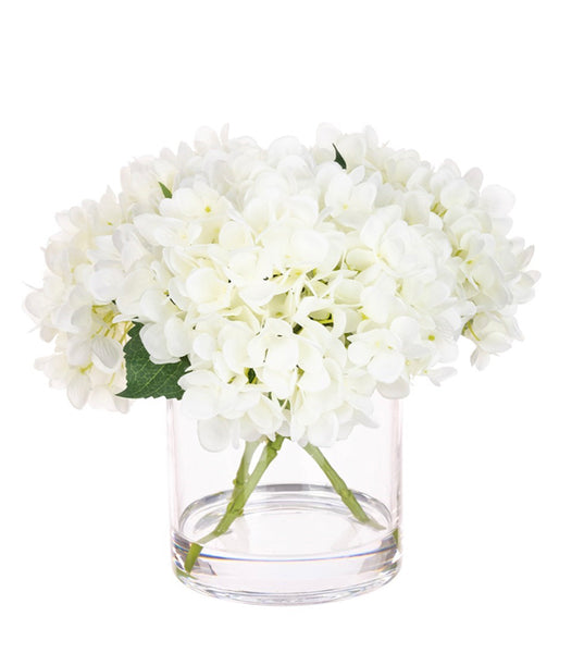 White Hydrangea Flowers in Cylinder Glass Vase