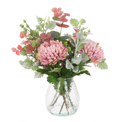 Chrysanthemum & Thistle In Vase - Artificial Green