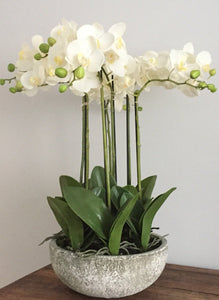 Large 85cm artificial orchid arrangement in stone bowl 
