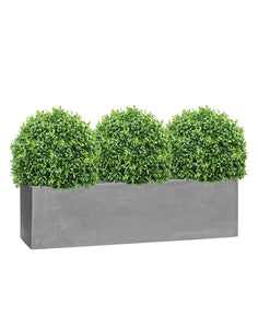 Grey window box planters with artificial buxus balls