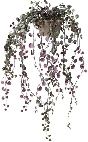 Artificial Faux Purple Angel Vine trailing plant potted in rustic bohemian pot
