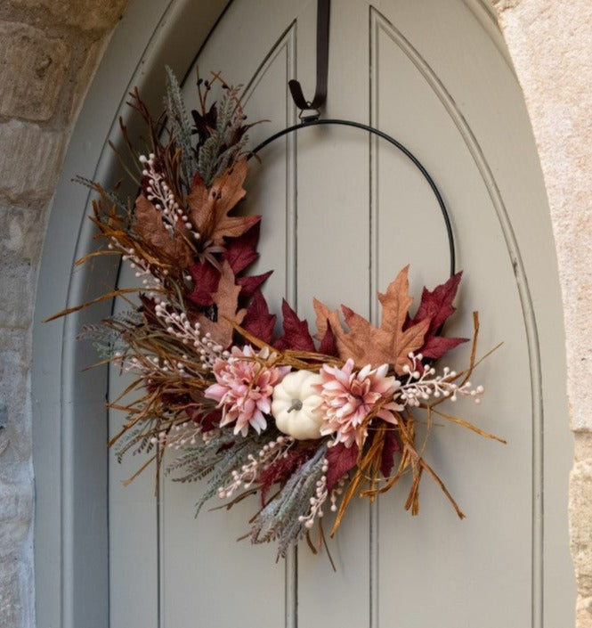 Autumn Door Wreath Hoop With Burgundy and Pink