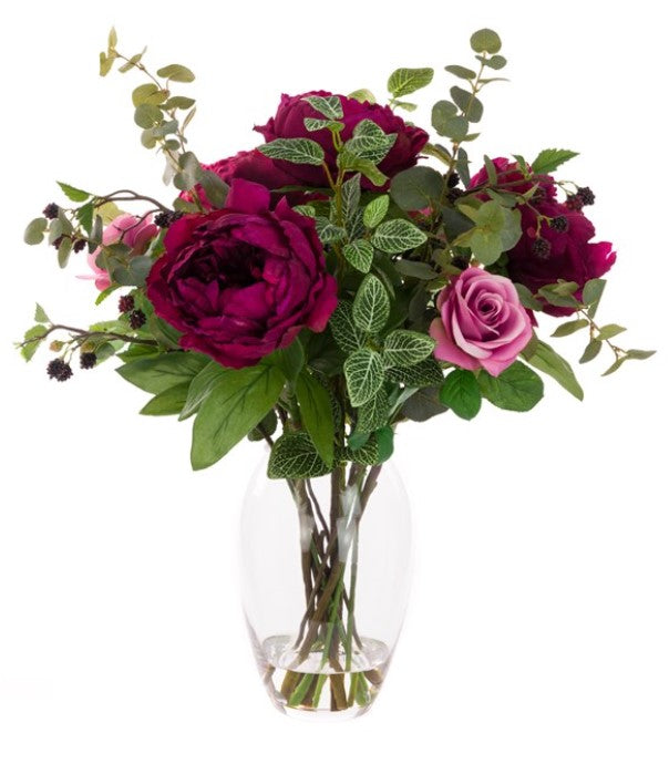 Deluxe Faux flower arrangement in vase with burgundy peony, rose and eucalyptus for Autumn decor