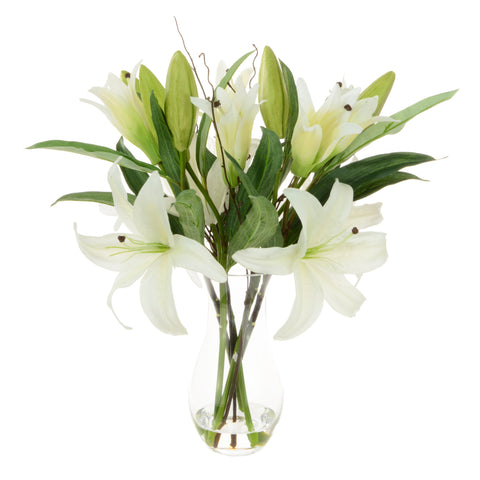 Faux Lilly Arrangement in Glass Vase - Artificial Green