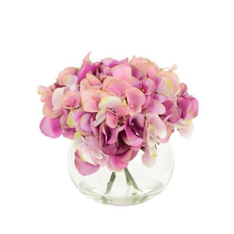 Pink Hydrangeas In Globe Vase - Artificial Green