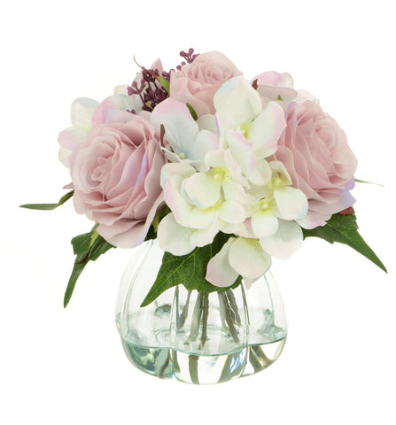 Faux Rose & Hydrangea light pink faux flower arrangement - Artificial Green