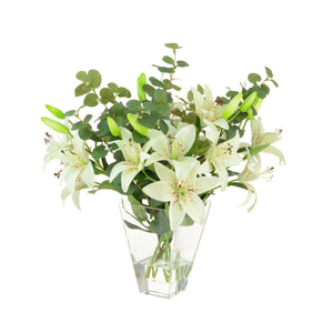 Faux Lily and Eucalyptus Arrangement in Vase - Artificial Green