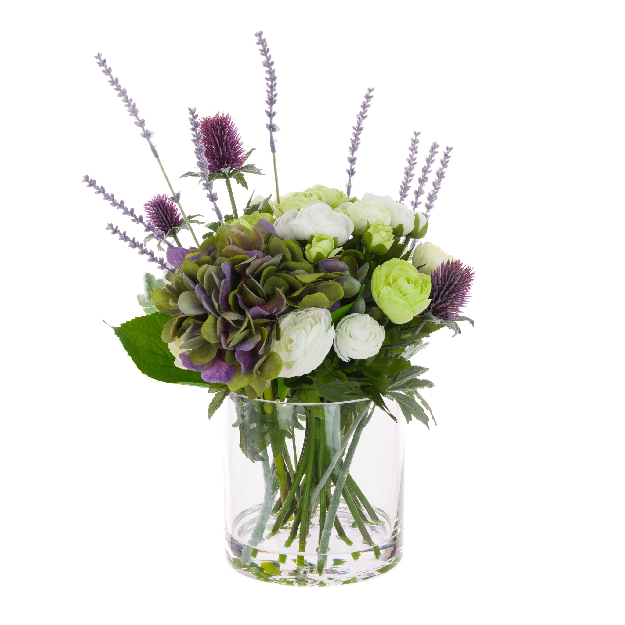 Purple Hydrangea & Thistle Vase - Artificial Green