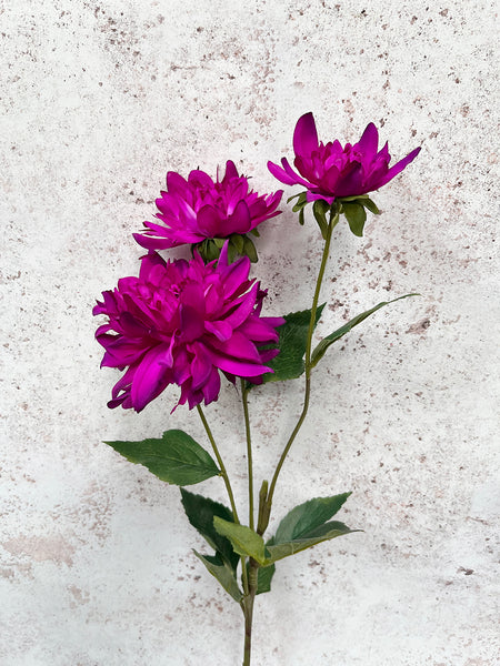 Faux Magenta Purple Dahlia Silk Flower Stem - Artificial Green