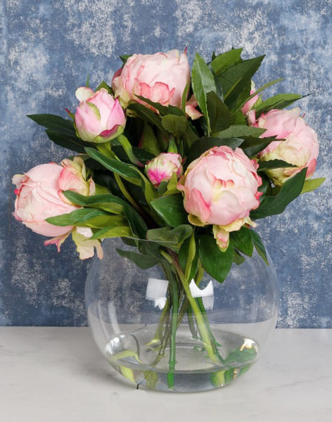 Faux pink peony floral arrangement in glass bowl vase 