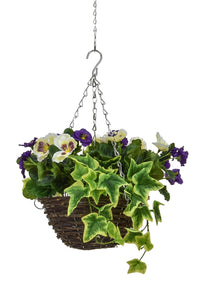 30cm Artificial hanging basket with purple and white