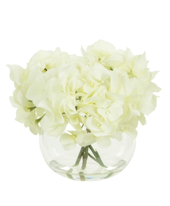 White Hydrangeas In Globe Vase 20cm