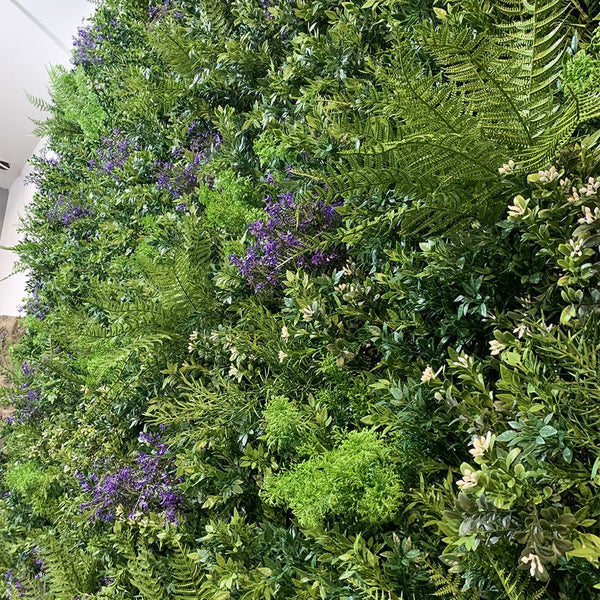 Artificial green wall panels with purple flowers UV Fire retardant